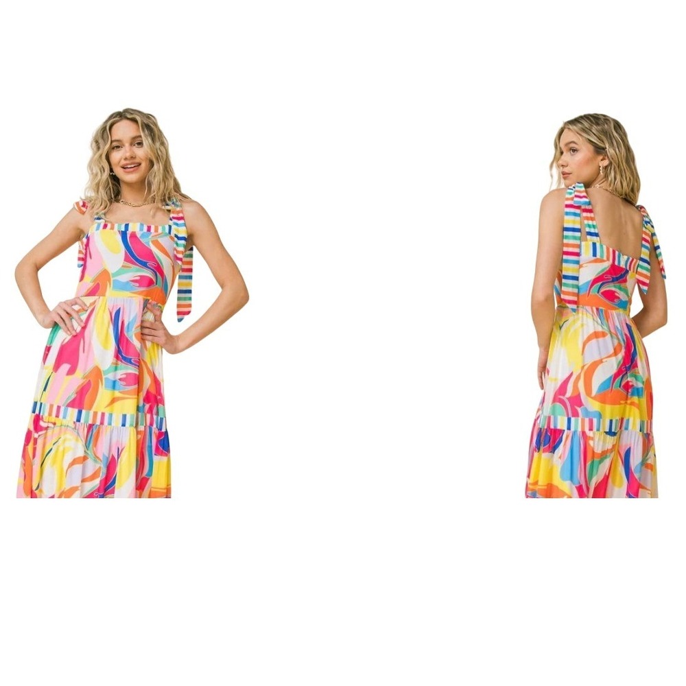 Flying Tomato Tea Party Woven Maxi Dress Womens L Rainbow Tie Shoulder Tiered - Picture 10 of 14